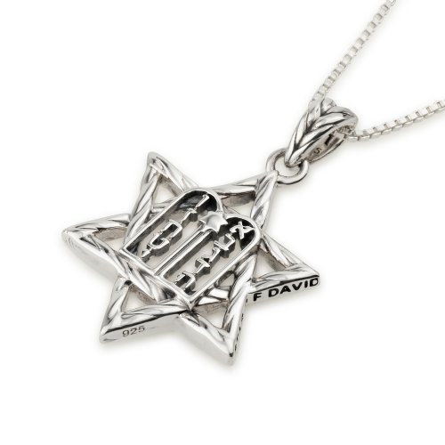 Sterling Silver Necklace, Star of David Pendant Set with Ten Commandments