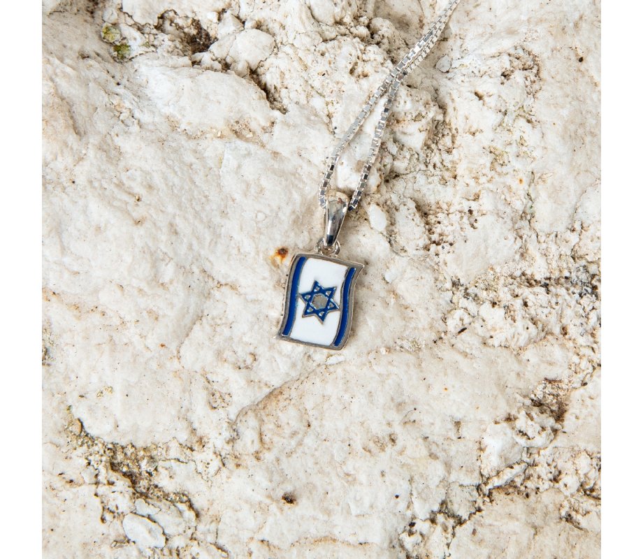 Sterling Silver Necklace and Pendant, Blue and White Star of David Flag of Israel