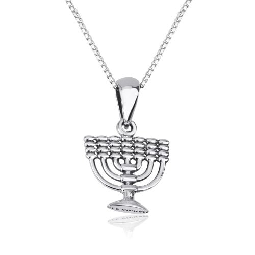 Sterling Silver Necklace with 7-Branch Temple Menorah Image Pendant