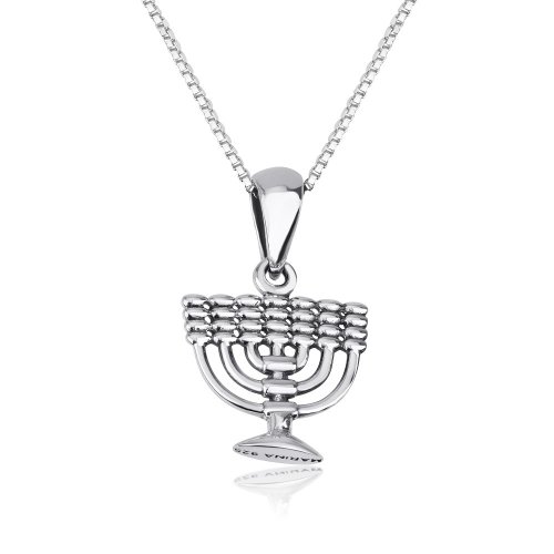 Sterling Silver Necklace with 7-Branch Temple Menorah Image as the Pendant