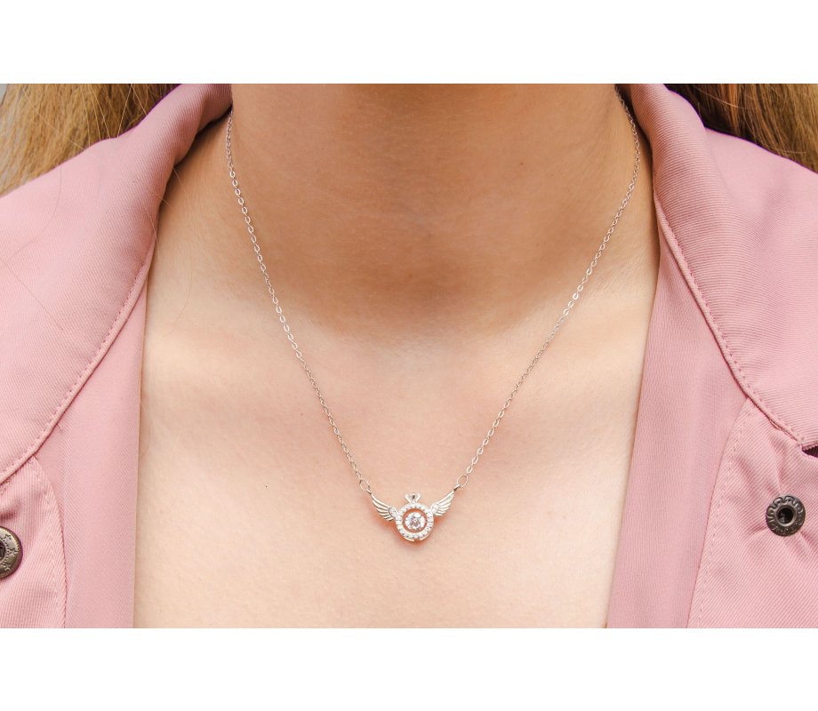 Sterling Silver Necklace with Angels Wings and Zarcons – Silver or Rose Gold