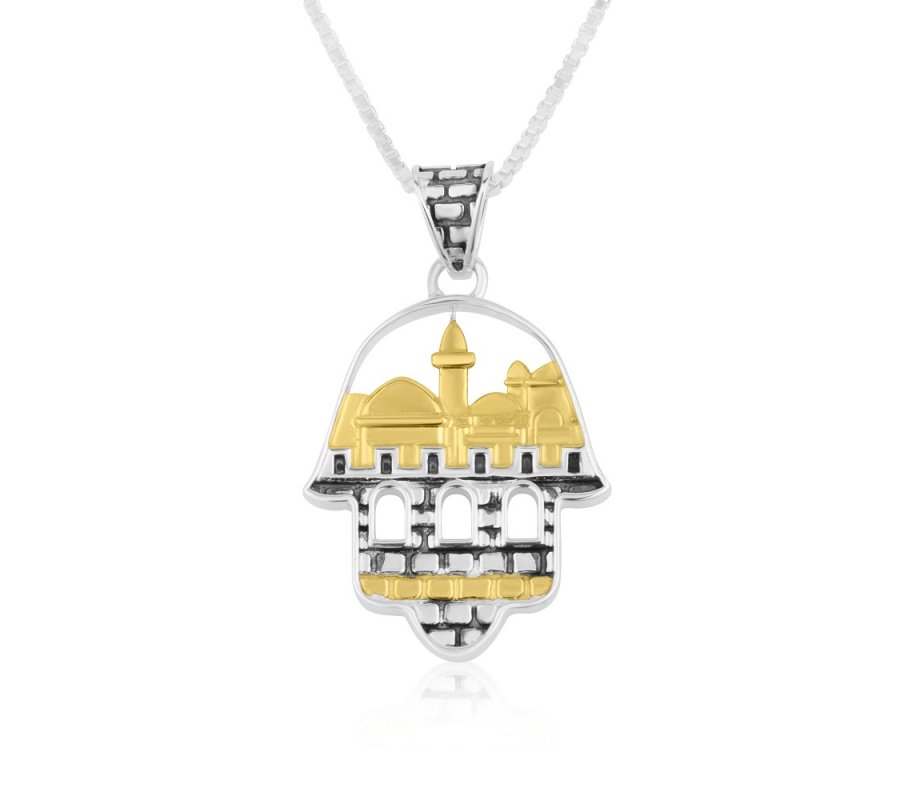 Sterling Silver Necklace with Decorative Hamsa Pendant - Gold Jerusalem Images