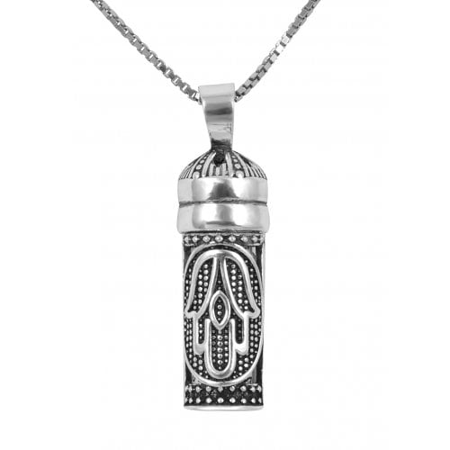 Sterling Silver Necklace with Mezuzah and Scroll Pendant HaEsh Sheli - My Fire & Hamsa