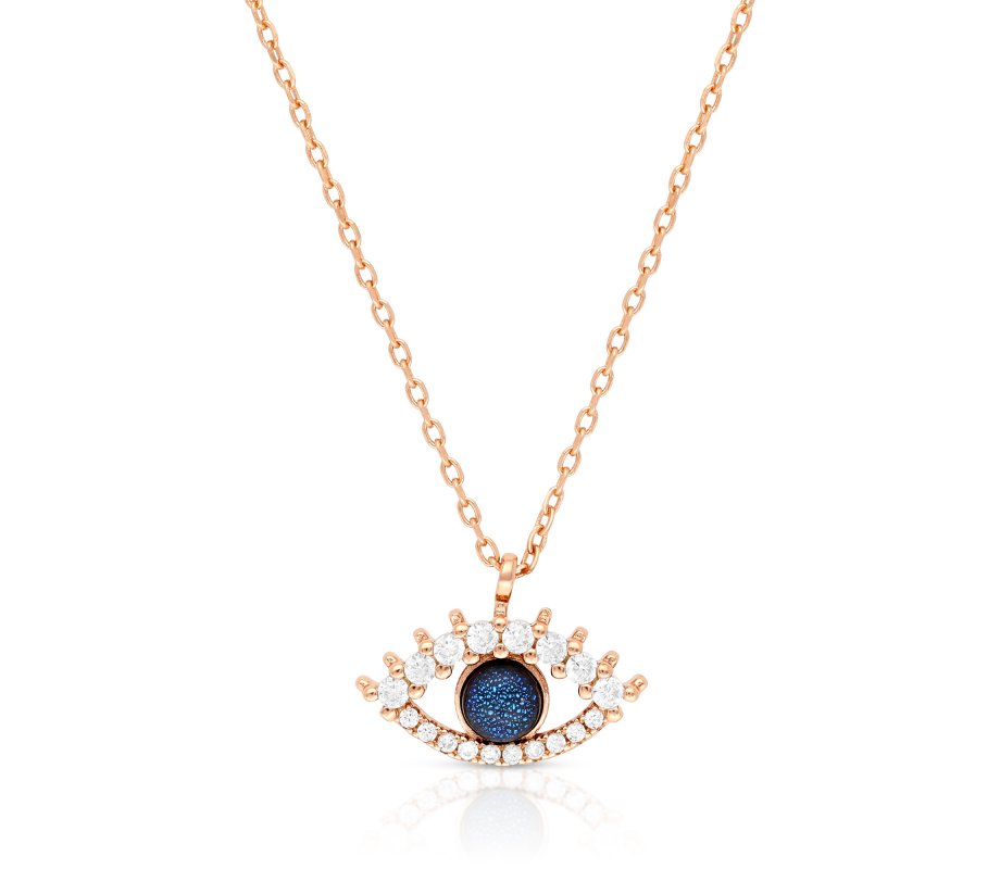 Sterling Silver Necklace with Rose Gold Plate & Pendant Evil Eye Charm - Zircons