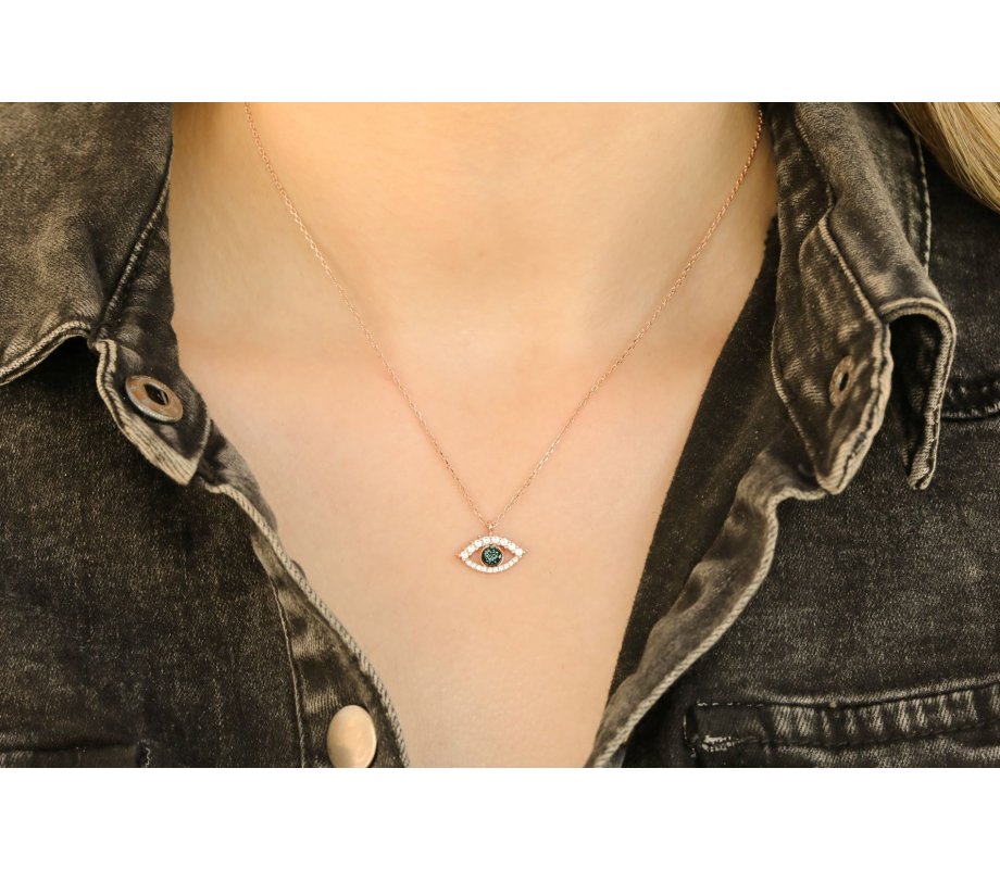 Sterling Silver Necklace with Rose Gold Plate & Pendant Evil Eye Charm - Zircons
