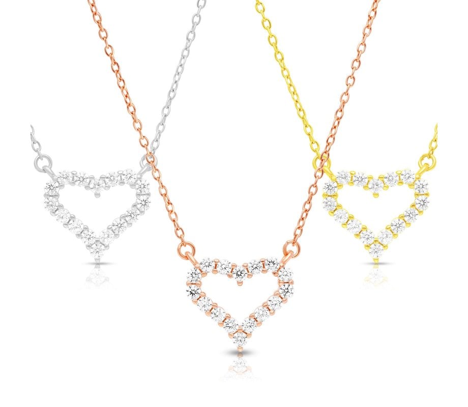 Sterling Silver Necklace with Zircon Heart Pendant - Choose Gold or Silver