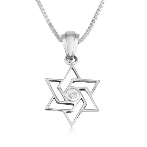 Sterling Silver Pendant Necklace - Angular Star of David with Crystals