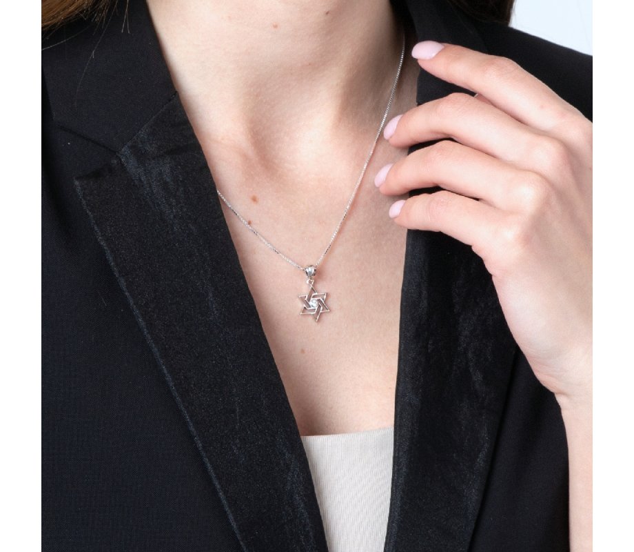 Sterling Silver Pendant Necklace - Angular Star of David with Crystals