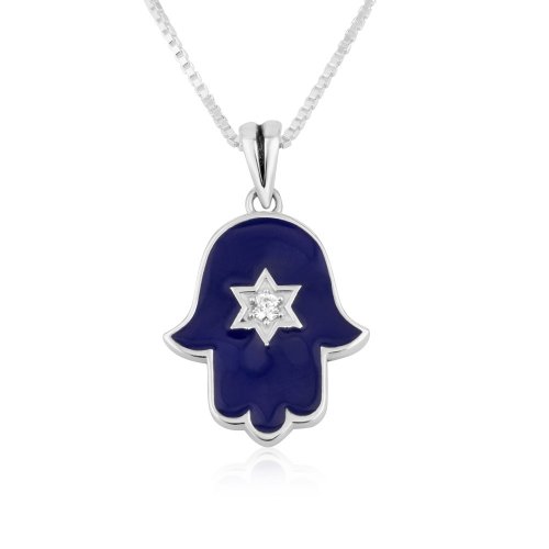 Sterling Silver Pendant Necklace - Blue Enamel Hamsa with Star of David Stone