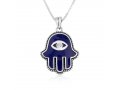 Sterling Silver Pendant Necklace - Blue Enamel Hamsa with Stone