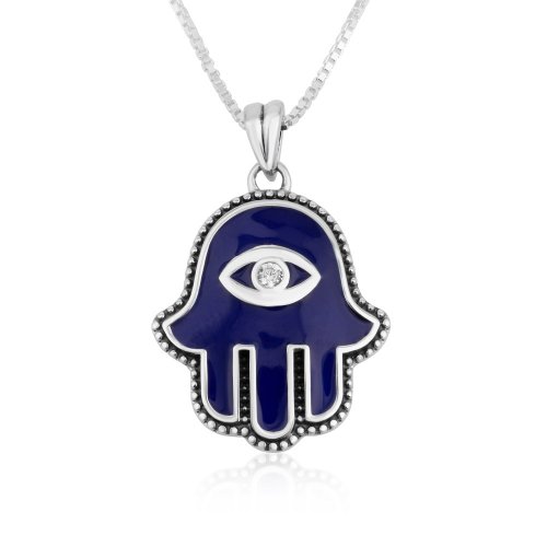 Sterling Silver Pendant Necklace - Blue Enamel Hamsa with Stone