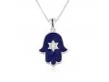 Sterling Silver Pendant Necklace - Blue Enamel Hamsa with Stone