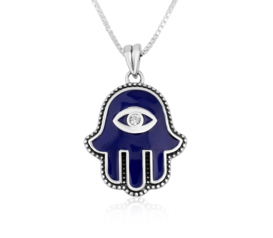 Sterling Silver Pendant Necklace - Blue Enamel Hamsa with Stone in the Eye