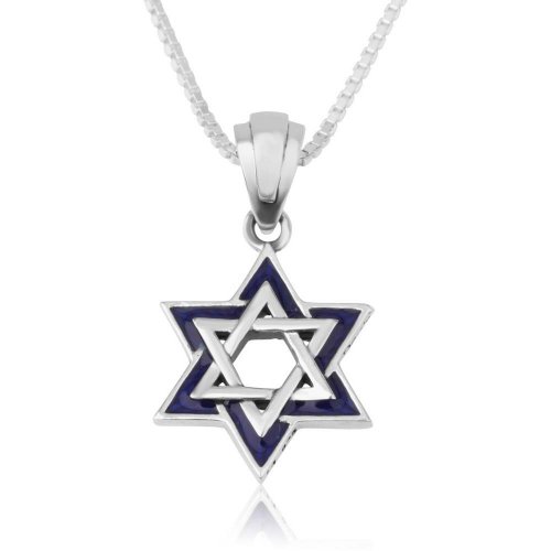 Sterling Silver Pendant Necklace - Blue Enamel on Silver Star of David - Jerusalem on Back