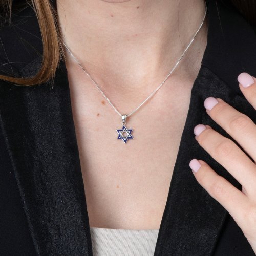 Sterling Silver Pendant Necklace - Blue Enamel on Silver Star of David - Jerusalem on Back