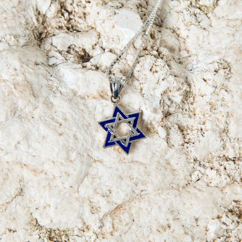 Sterling Silver Pendant Necklace - Blue Enamel on Silver Star of David - Jerusalem on Back