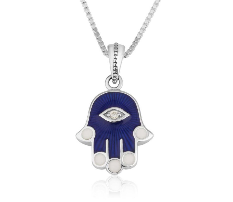 Sterling Silver Pendant Necklace - Blue Sapphire Hamsa Hand with Zircon Stone