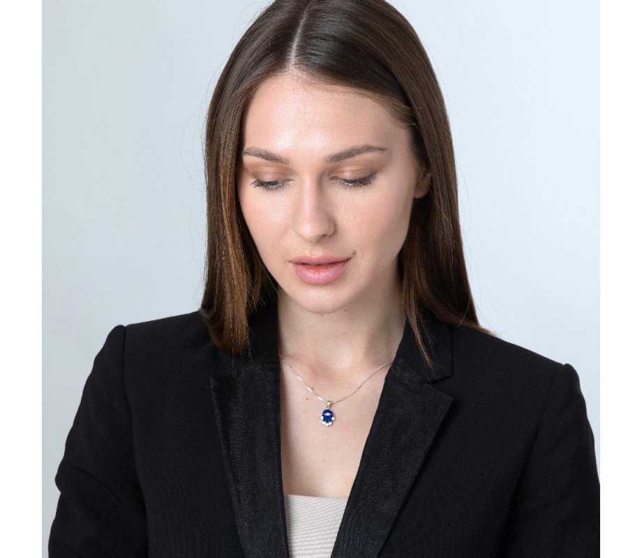 Sterling Silver Pendant Necklace - Blue Sapphire Hamsa Hand with Zircon Stone