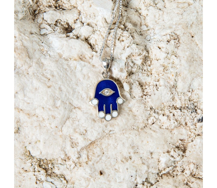 Sterling Silver Pendant Necklace - Blue Sapphire Hamsa Hand with Zircon Stone