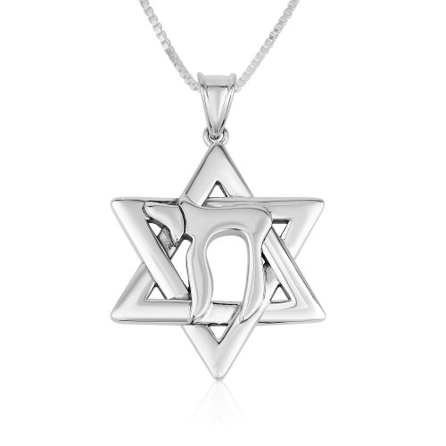 Sterling Silver Pendant Necklace - Chai Letters on Star of David