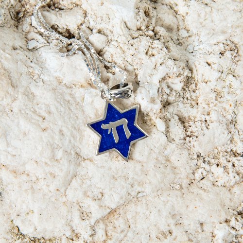 Sterling Silver Pendant Necklace - Chai on Blue Background in Star of David