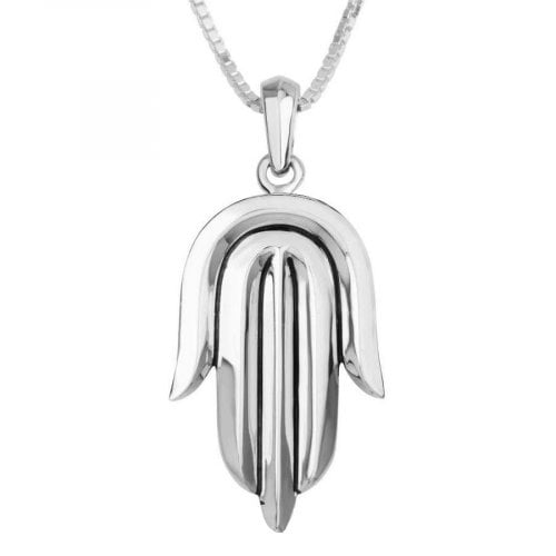 Sterling Silver Pendant Necklace - Contemporary Style Hamsa Hand