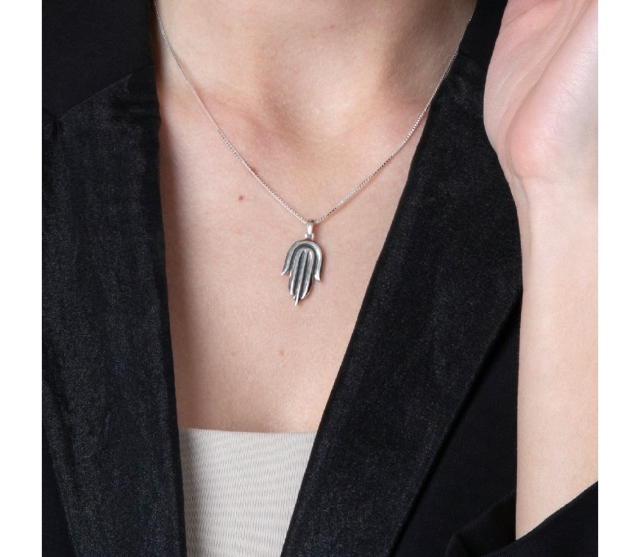 Sterling Silver Pendant Necklace - Contemporary Style Hamsa Hand