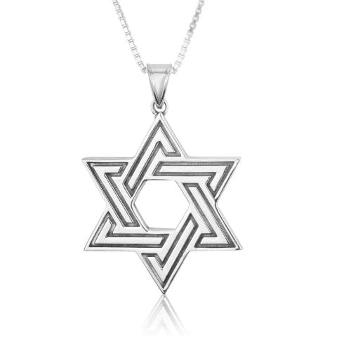 Sterling Silver Pendant Necklace - Large Star of David With Dark and Light Silver