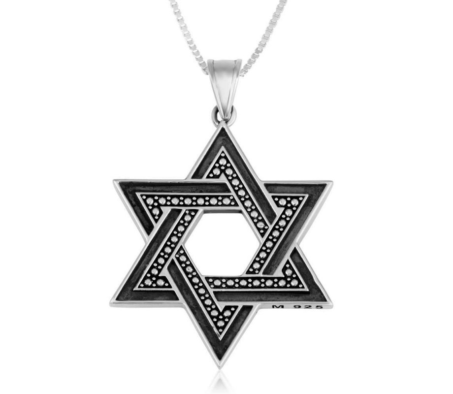 Sterling Silver Pendant Necklace - Large Star of David With Dark and Light Silver