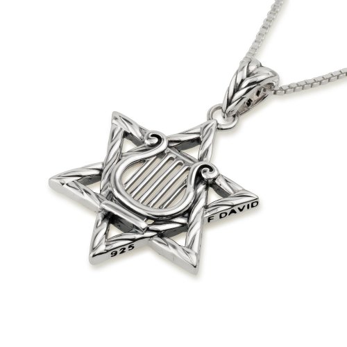 Sterling Silver Pendant Necklace - Lyre of King David in Center of Star of David