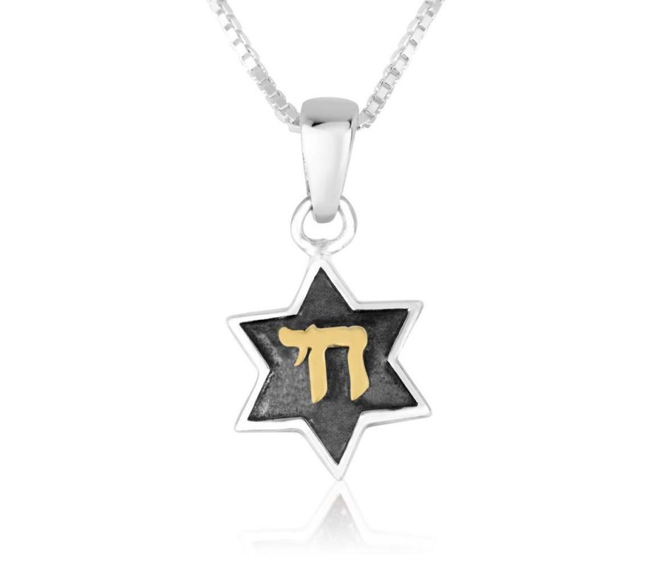 Sterling Silver Pendant Necklace - Star of David with Gold Plated Chai