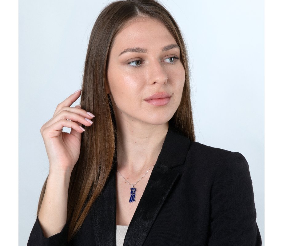 Sterling Silver Pendant Necklace, Blue Enamel - Menorah, Star and Fish Symbol