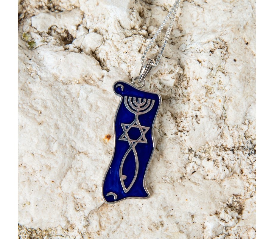Sterling Silver Pendant Necklace, Blue Enamel - Menorah, Star and Fish Symbol