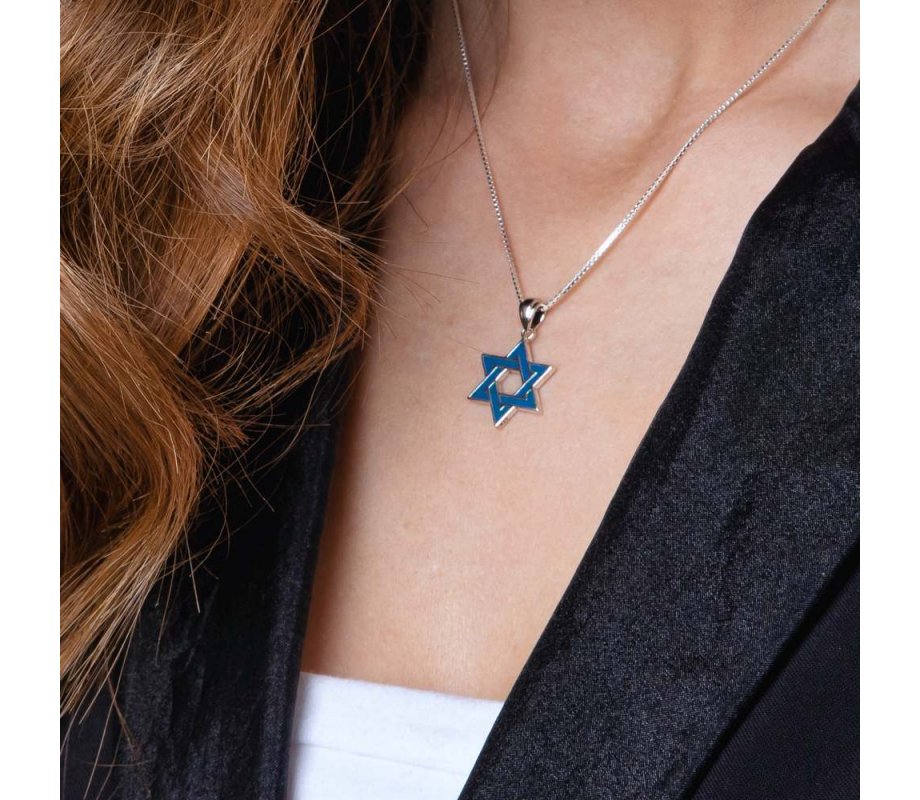 Sterling Silver Pendant Necklace, Blue Enamel - Star of David