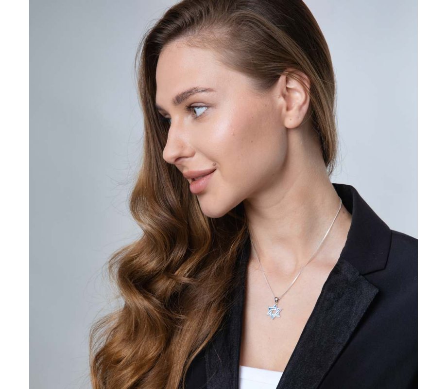 Sterling Silver Pendant Necklace, Blue Enamel - Star of David