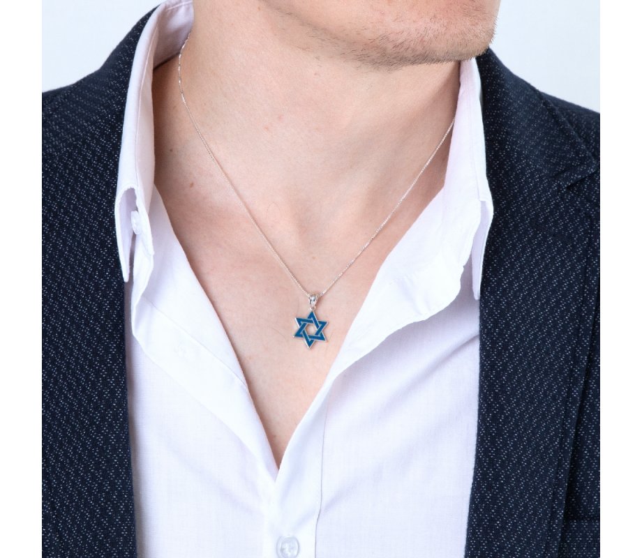 Sterling Silver Pendant Necklace, Blue Enamel - Star of David