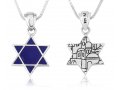 Sterling Silver Pendant Necklace, Blue Enamel Star of David and Jerusalem Images