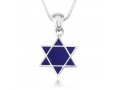 Sterling Silver Pendant Necklace, Blue Enamel Star of David and Jerusalem Images