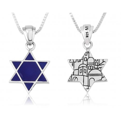 Sterling Silver Pendant Necklace, Blue Enamel Star of David and Jerusalem Images