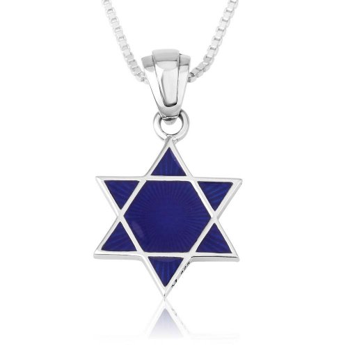 Sterling Silver Pendant Necklace, Blue Enamel Star of David and Jerusalem Images