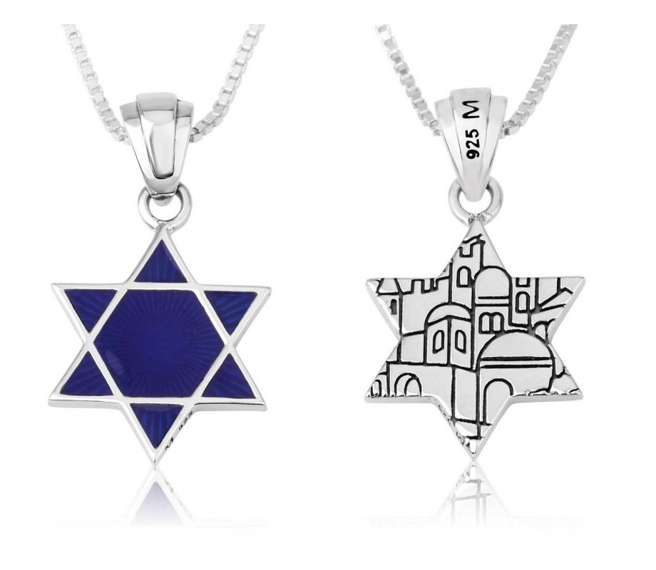 Sterling Silver Pendant Necklace, Blue Enamel Star of David and Jerusalem Images
