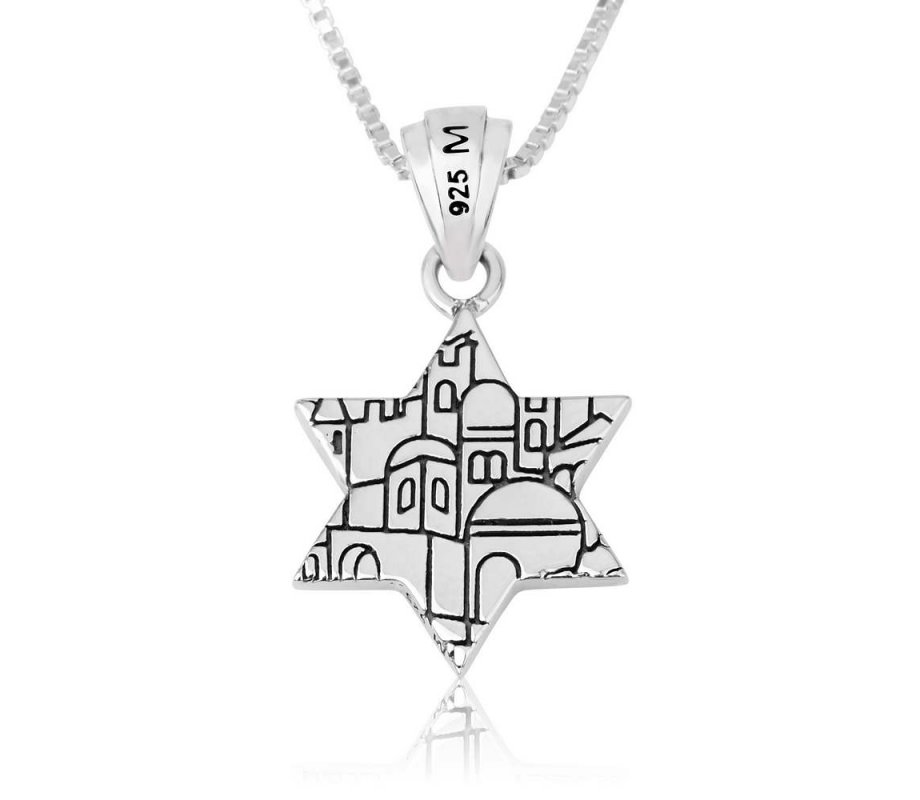 Sterling Silver Pendant Necklace, Blue Enamel Star of David and Jerusalem Images