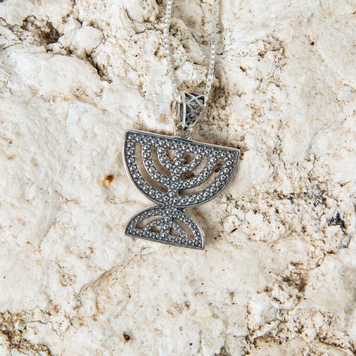 Sterling Silver Pendant Necklace, Double 7-Branch Menorah – Beaded Artwork