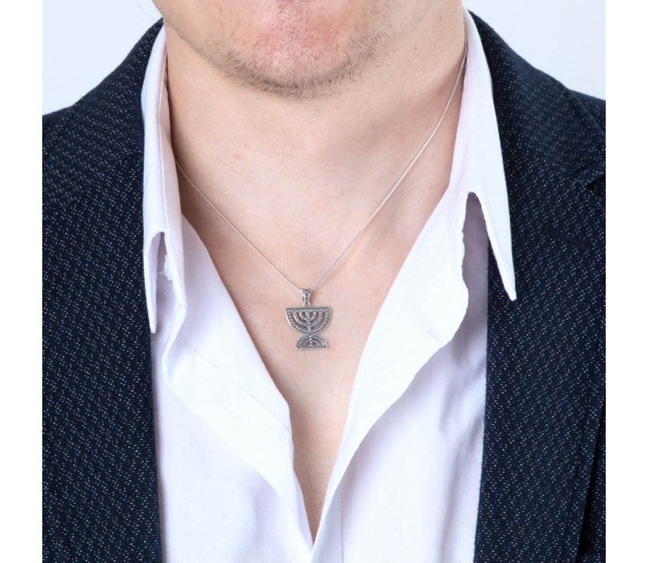 Sterling Silver Pendant Necklace, Double 7-Branch Menorah – Beaded Artwork