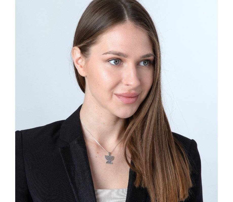 Sterling Silver Pendant Necklace, Double 7-Branch Menorah – Beaded Artwork