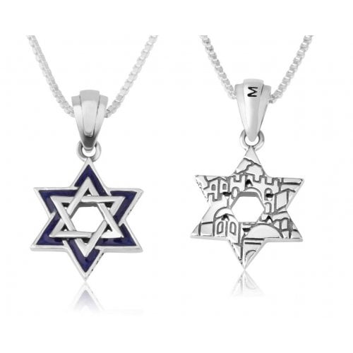 Sterling Silver Pendant Necklace, Double Star of David with Jerusalem Images