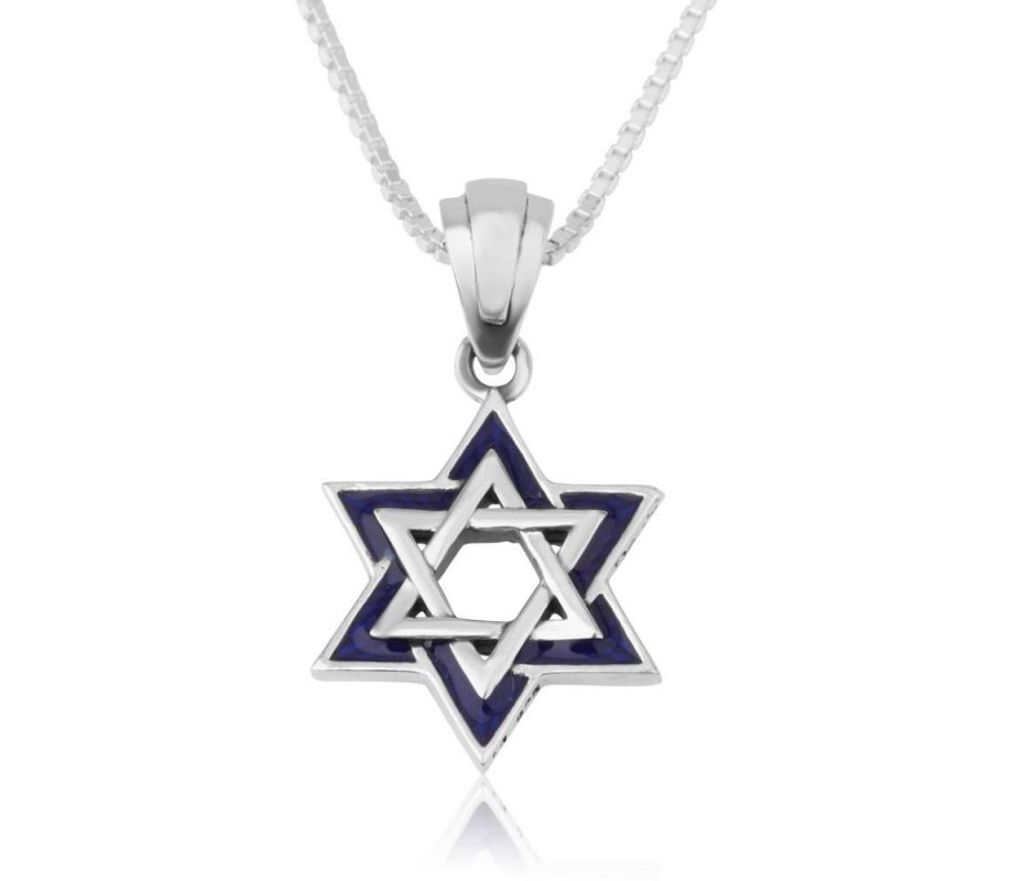 Sterling Silver Pendant Necklace, Double Star of David with Jerusalem Images