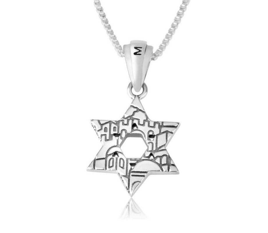 Sterling Silver Pendant Necklace, Double Star of David with Jerusalem Images