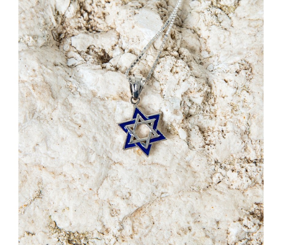 Sterling Silver Pendant Necklace, Double Star of David with Jerusalem Images