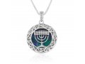 Sterling Silver Pendant Necklace, Eilat Stone and 7-Branch Menorah - Swirl Frame